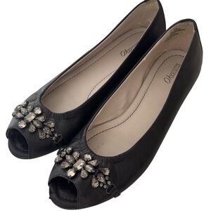Macy's Black Leather Peep Toe Crystal Embellished Ballet Flats Shoes Size 10